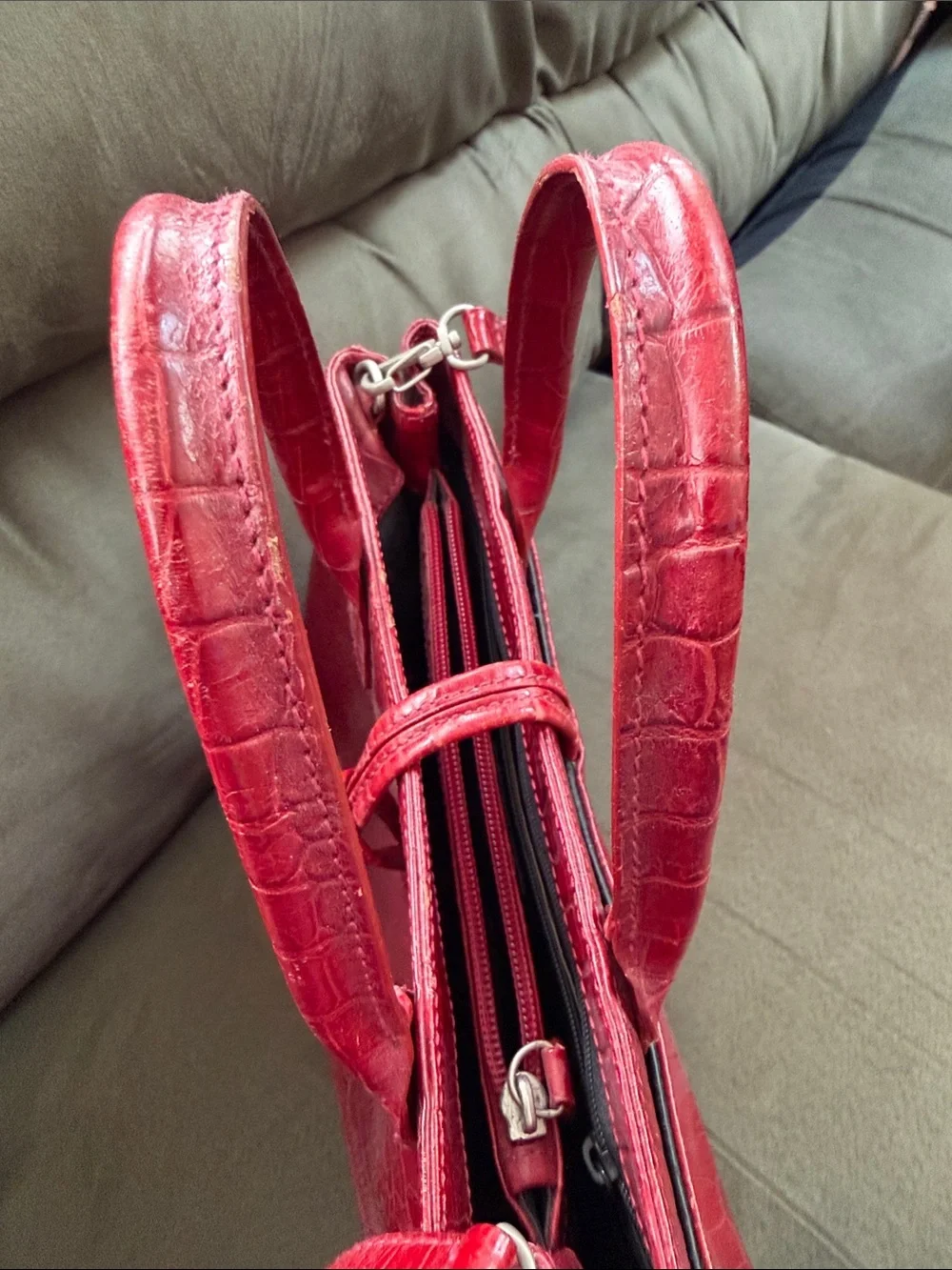 M. London Red Croc-Embossed Leather Satchel Handbag